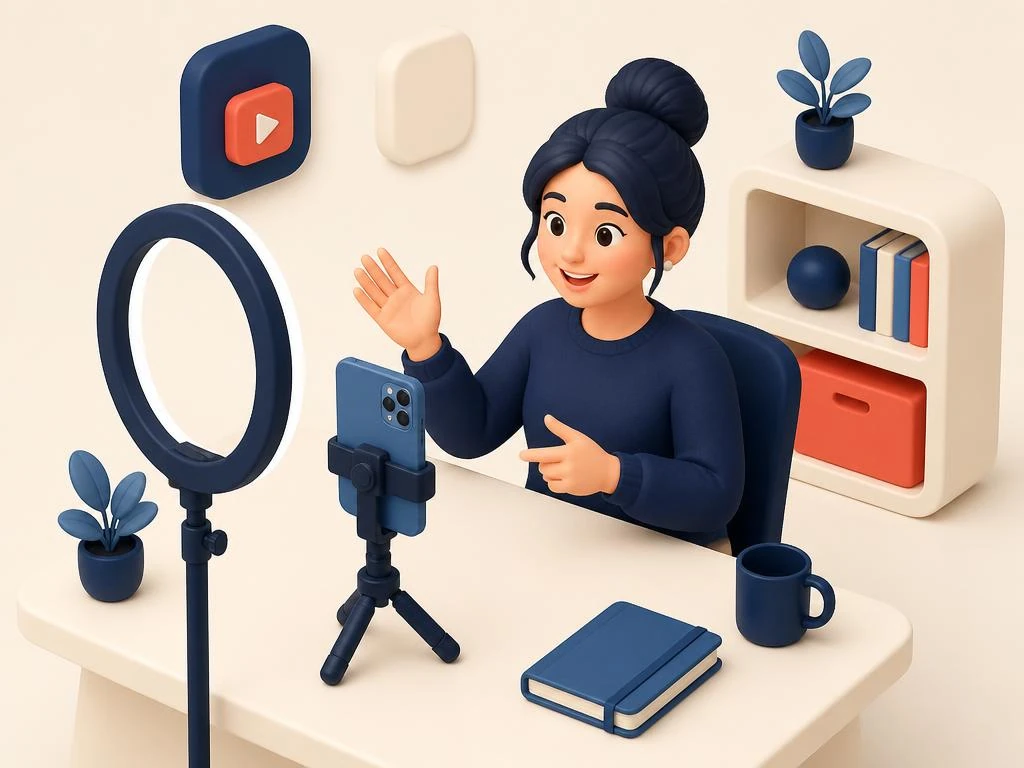 Illustration of a creator filming a video at their desk with a ring light and a phone on a tripod.