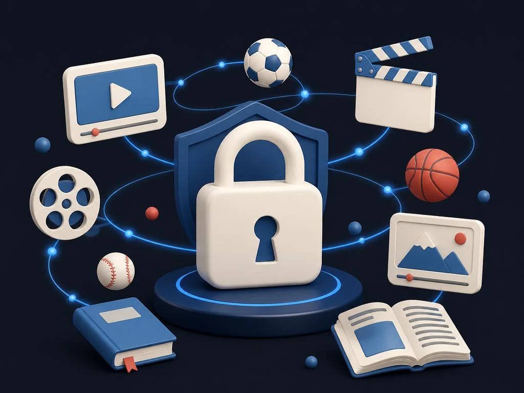 Illustration of a padlock and shield on a lit podium, ringed by video players, clapperboards, a film reel, books and sports balls connected by a network.